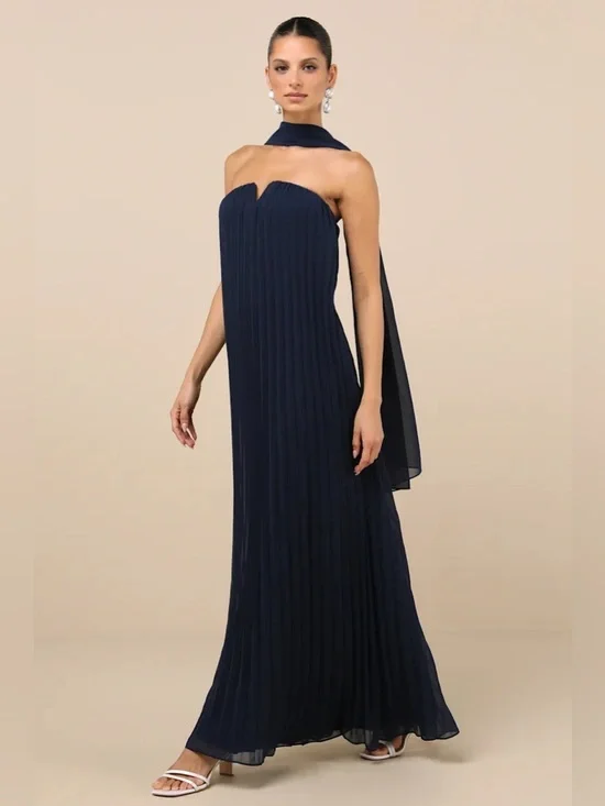 Lulus Lael Navy Pleated Strapless Dress - Picture 5 of 9